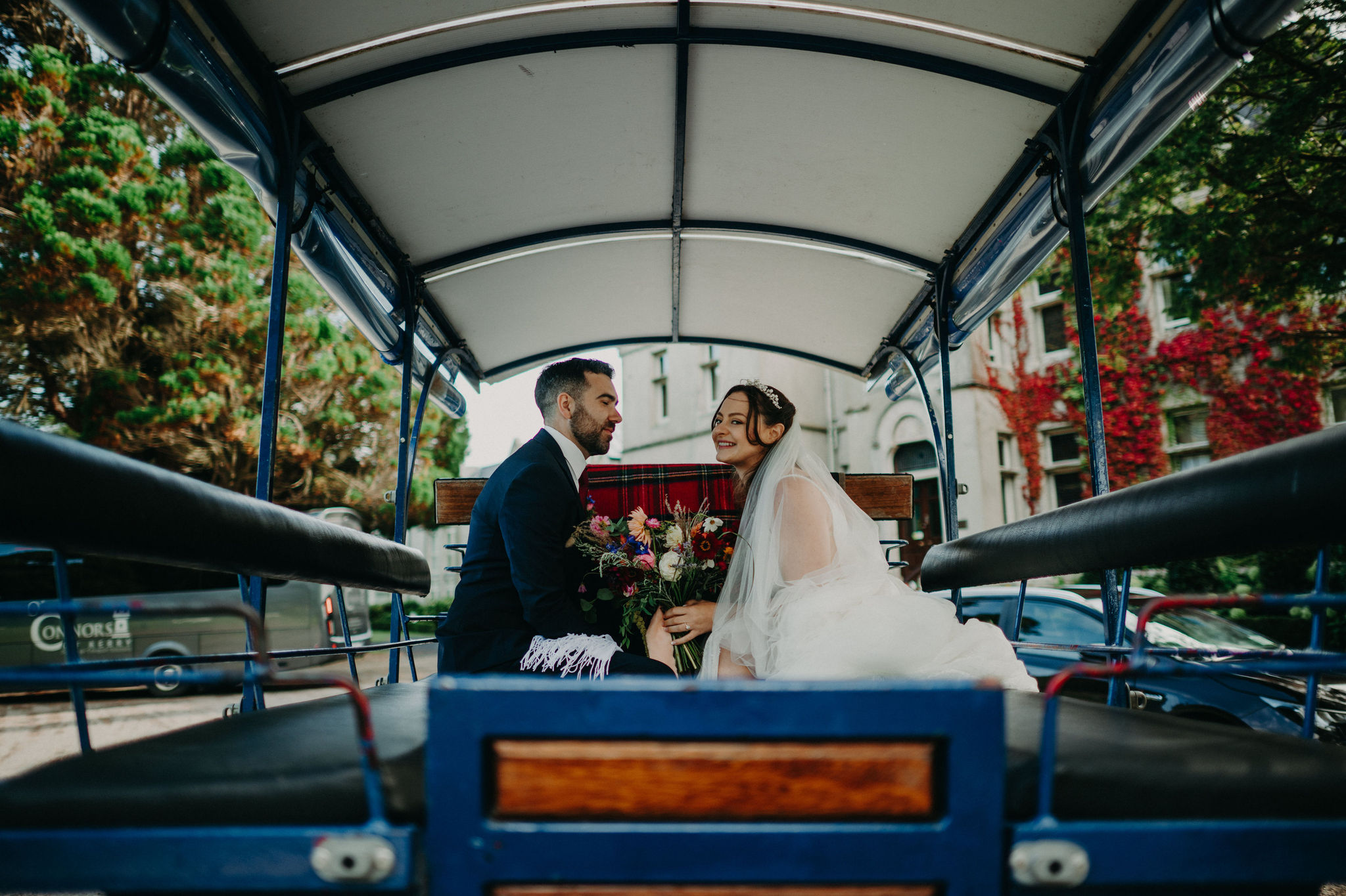 Bride and groom in horse carriage at Cahernane House
