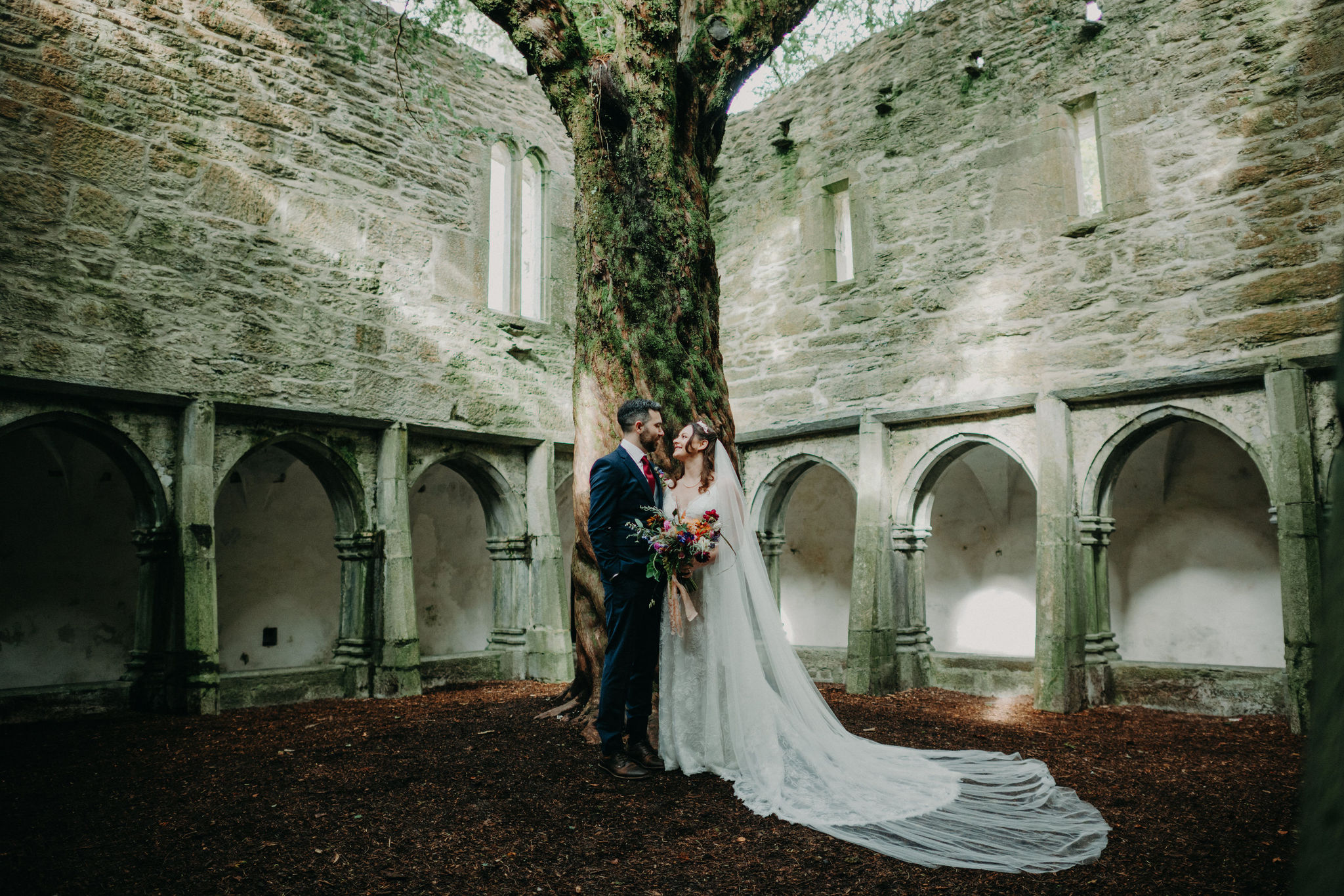 Bride and groom under tree inside Muckross Abbey