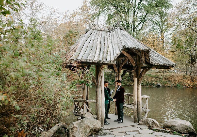 Same-sex wedding ceremony at Wagner Cove in Central Park New York City