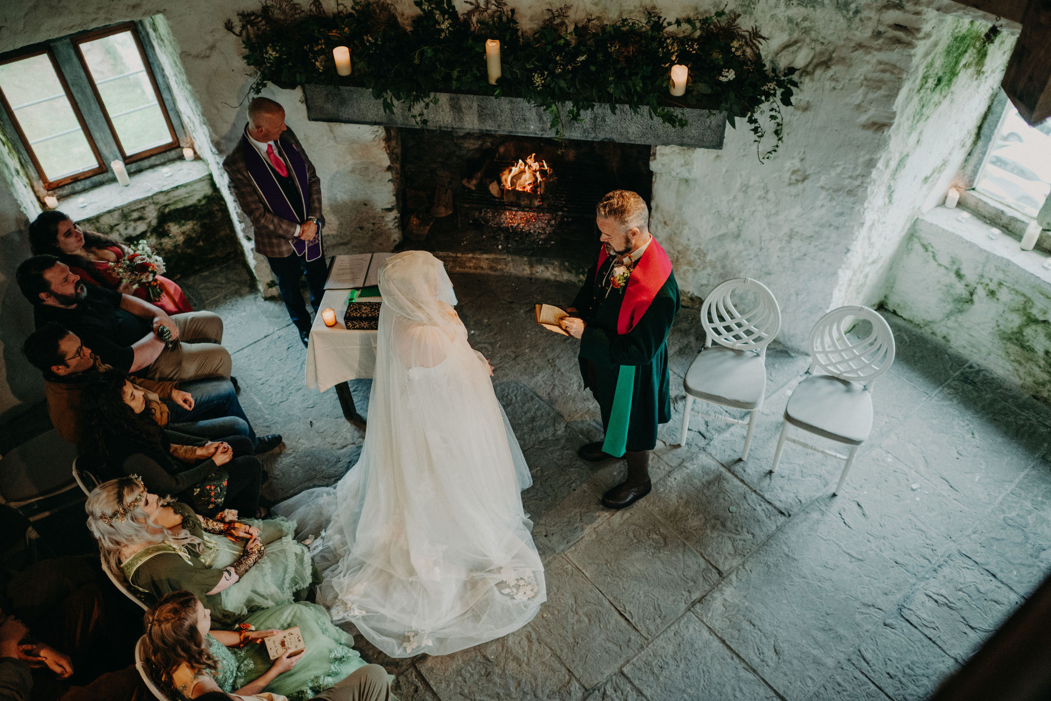 Overhead view of wedding ceremony inside Newtown Castle in Ireland.