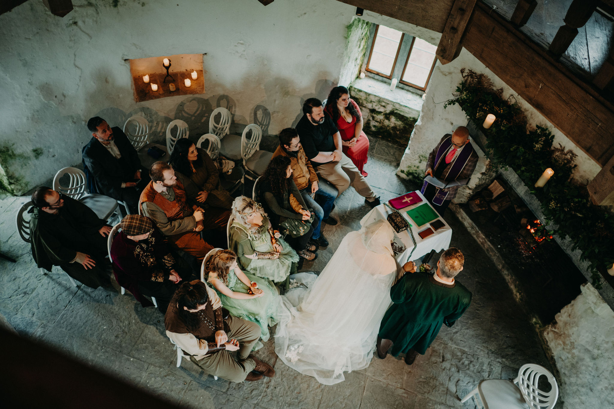 Overhead view of intimate elopement wedding ceremony inside Newtown Castle Ireland.
